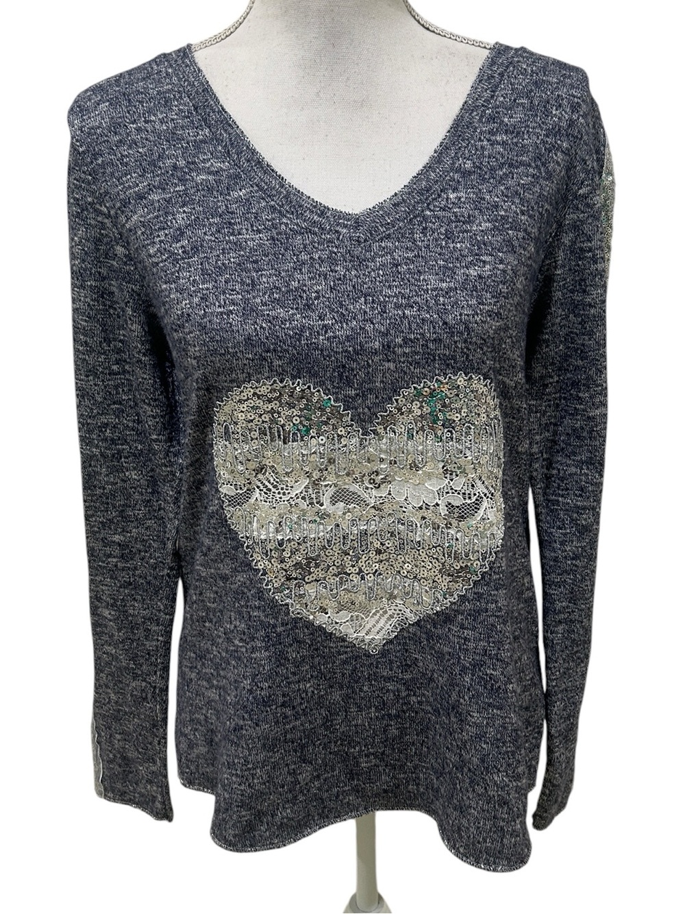 NWT brand bazar silver sequins Heart V-Neck Sweater navy wool/cotton size 6